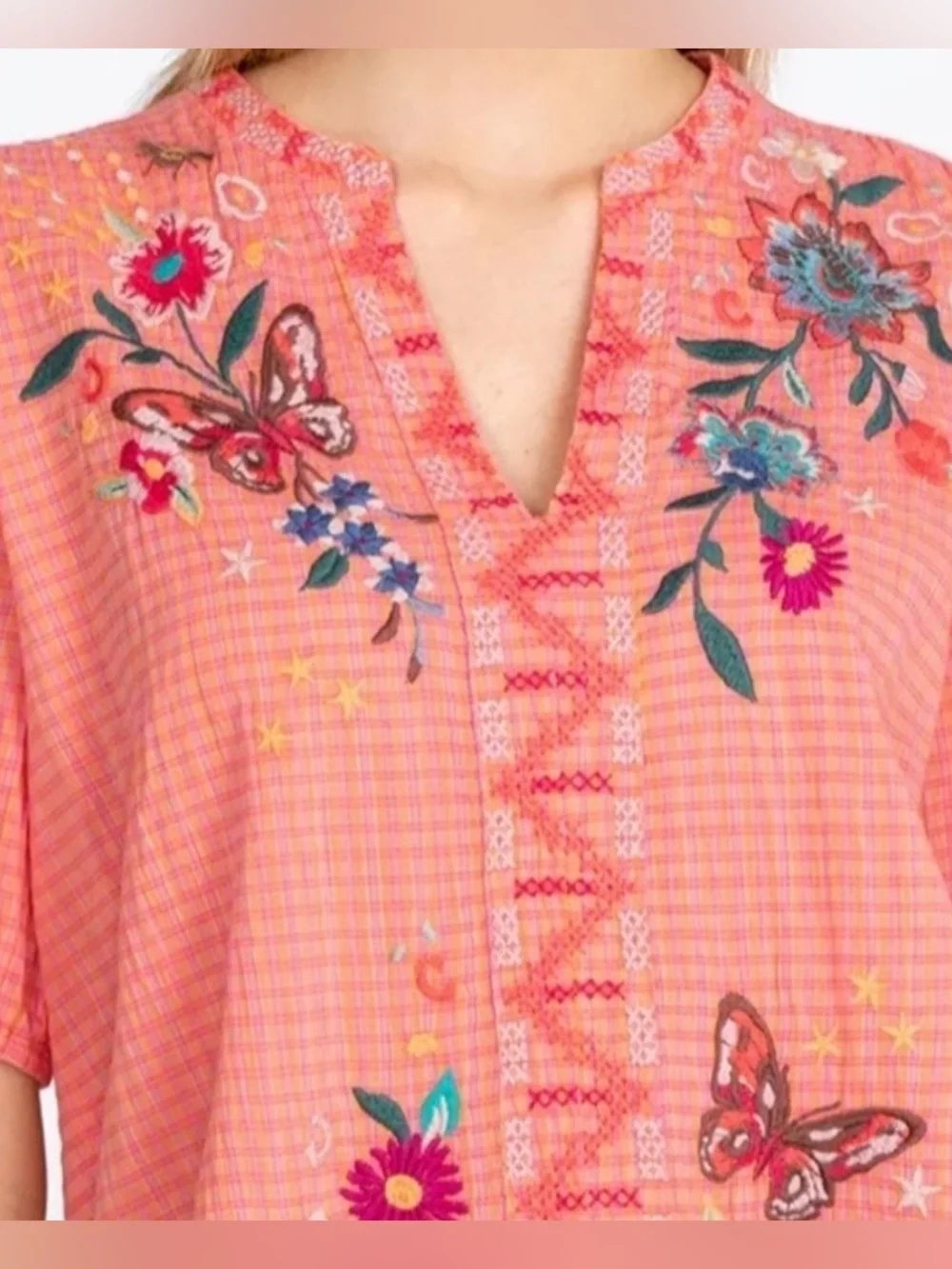 Johnny Was Olinda Puff Sleeve Embroidered Floral V-Neck Top Blouse